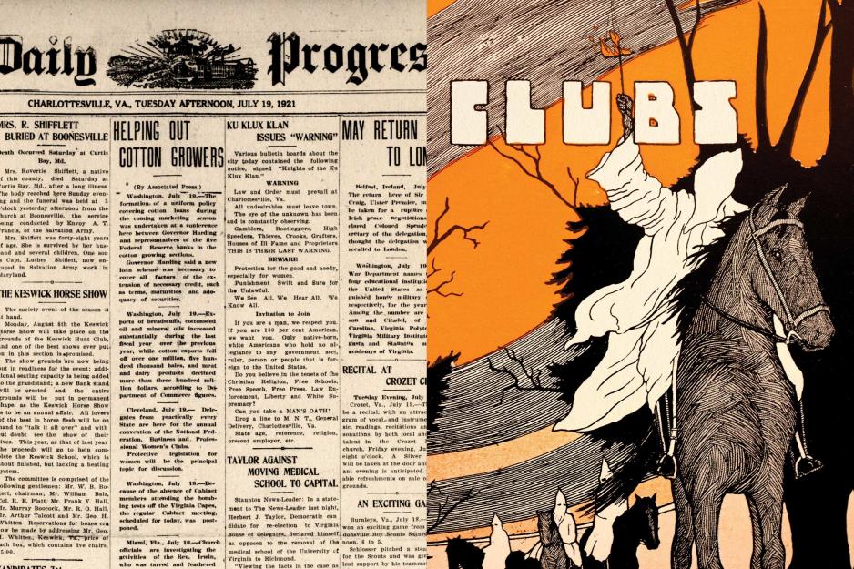 Left: Old Daily progess newspaper. Right: KKK image in a UVA yearbook