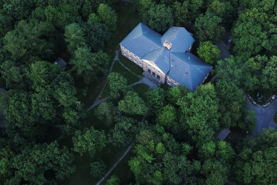 Aerial view of a brick building