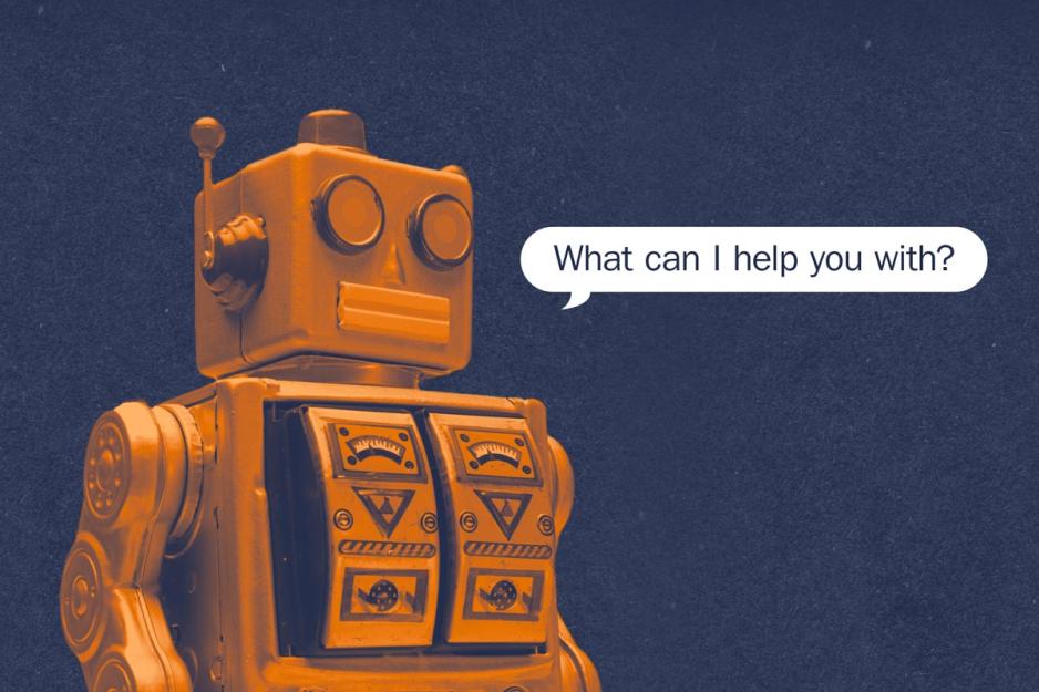 Retro robot saying ‘What can I help you with?’