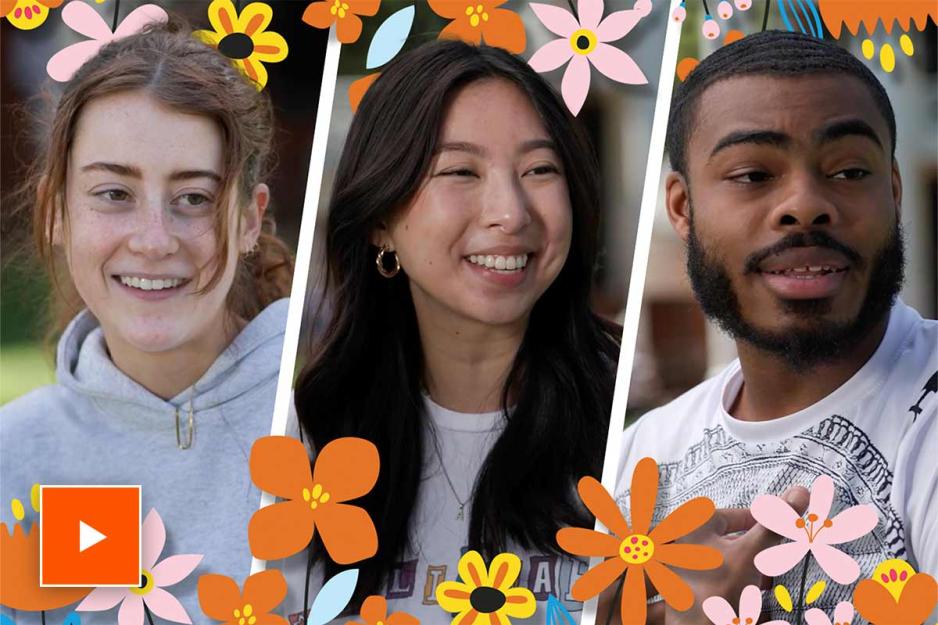 Collage of three UVA students on the Lawn overlayed with illustrations of flowers