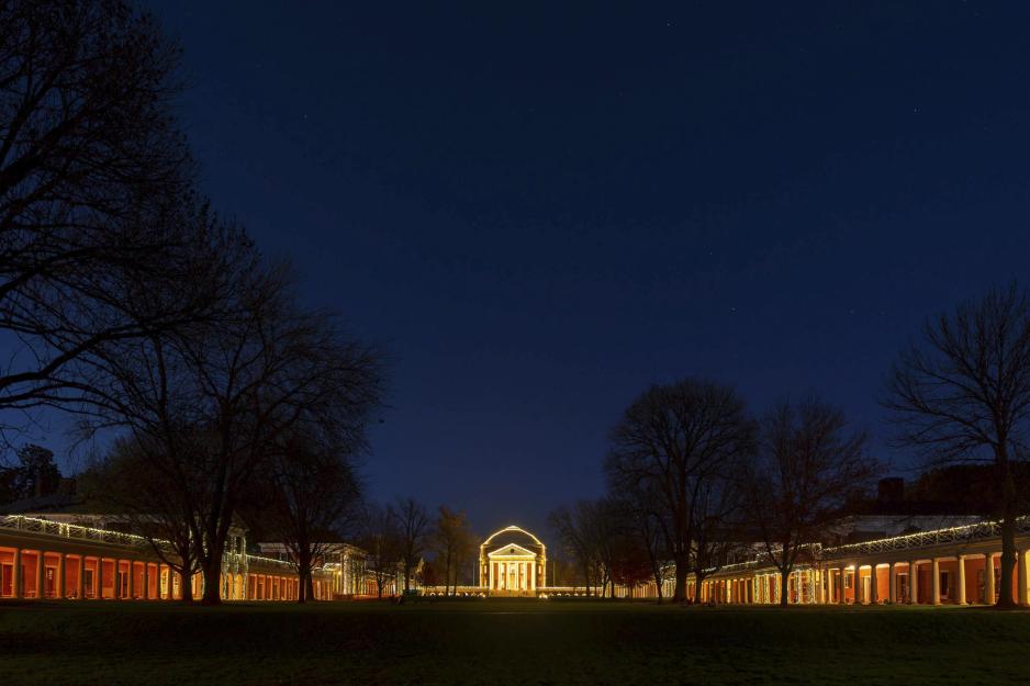 View of the Rotunda and Lawn outlined by white lights