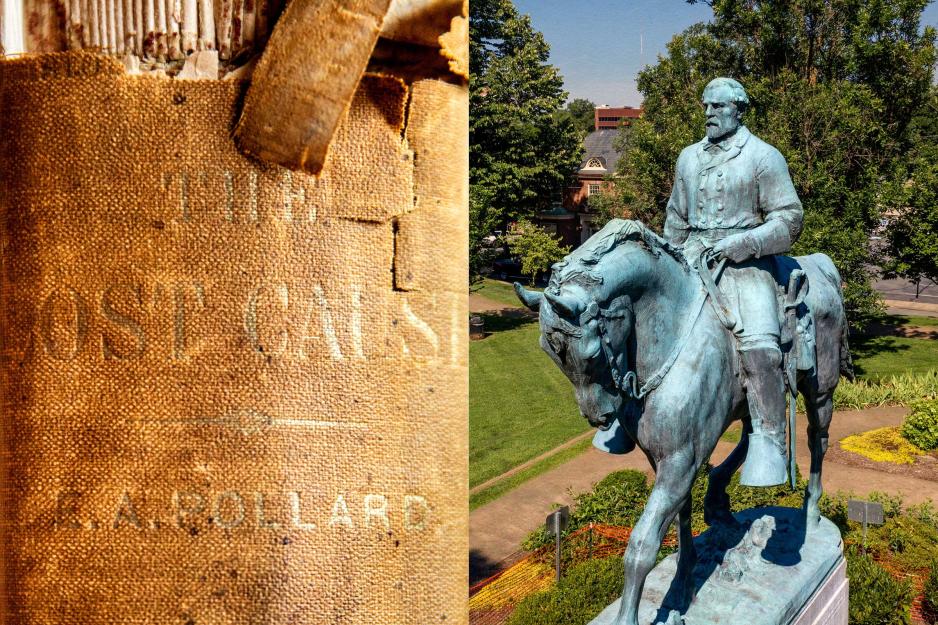 Left: Spine of a yellow book that is cracked and unreadable Right: the stonewall jackson statue