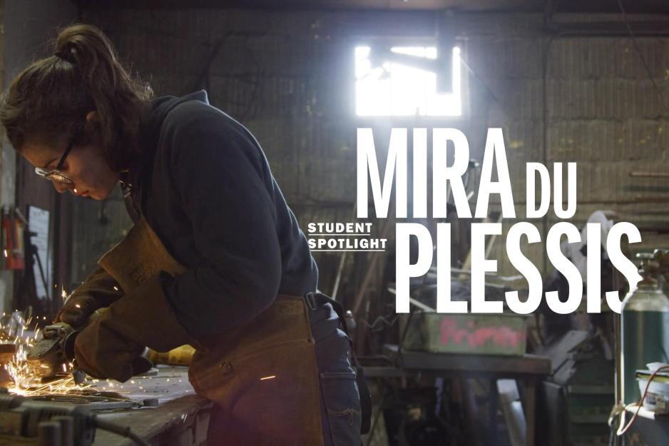 Image of a woman working at a workbench with the text: Student spotlight: Mira Du Plessis