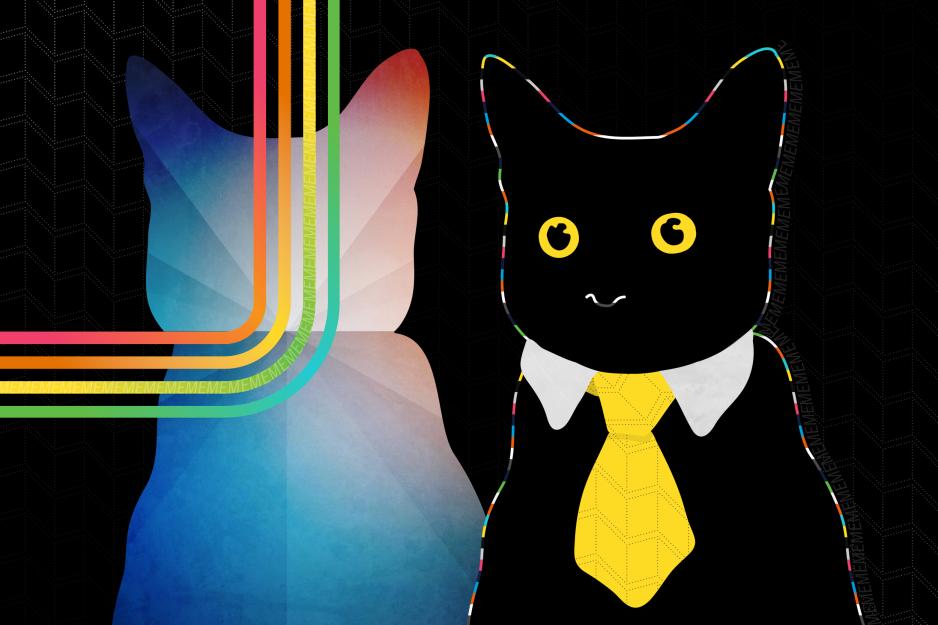 illustration of Black cat outlined in a rainbow color wearing a yellow tie