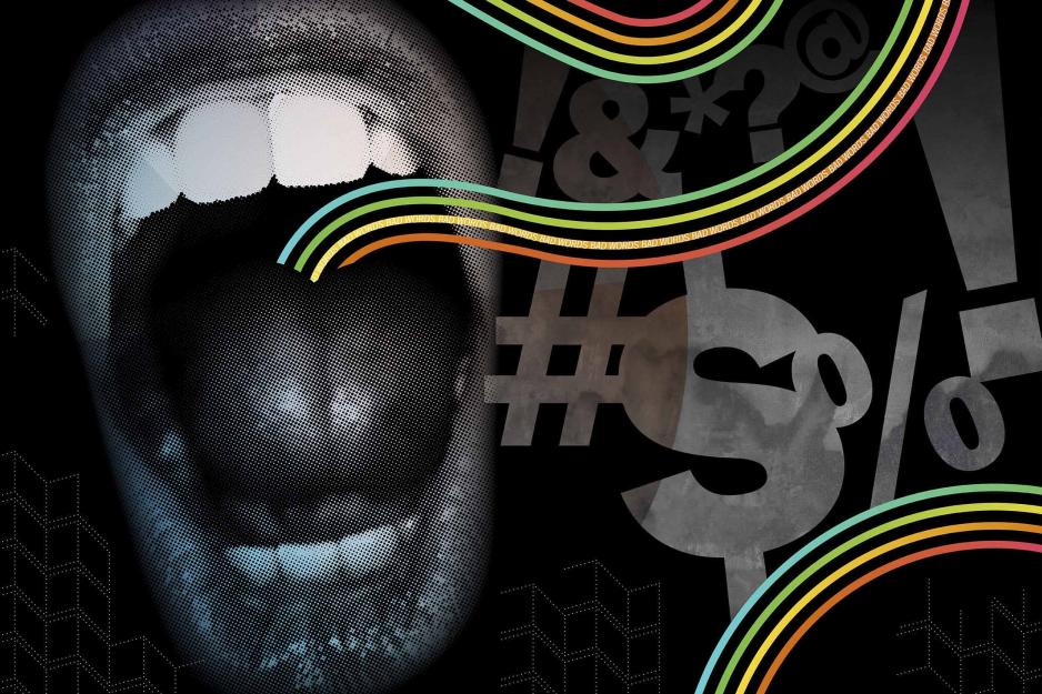 Collage: Open mouth with rainbow lines coming out and expletive symbols randomly placed near opened mouth