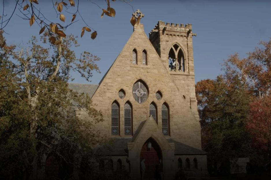 Looking up at the UVA Chapel on a fall day