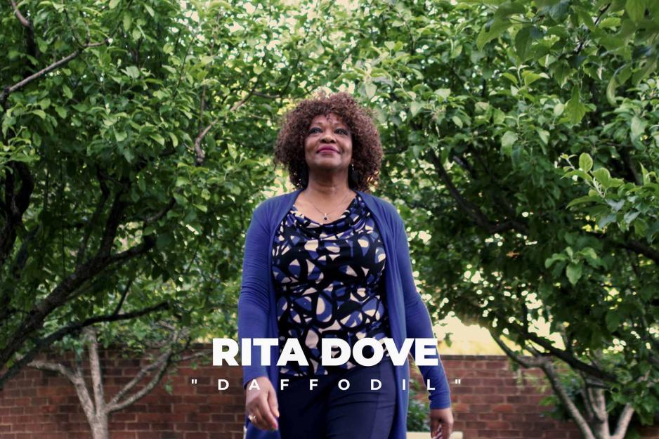 Rita Dove standing with trees with the text that reads Rita Dove D A F F O D I L