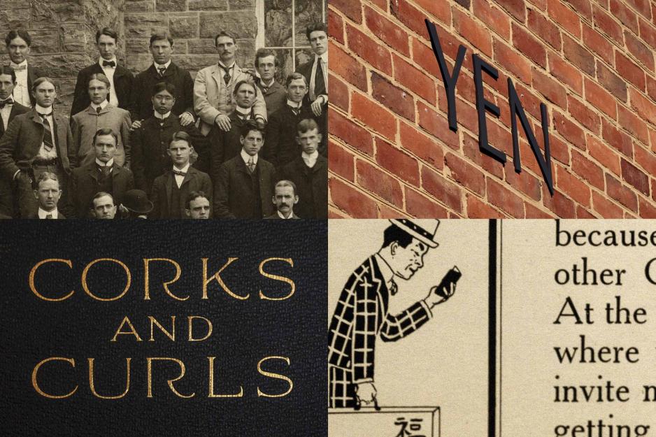 top left: group of men standing in rows for a picture, top right: Brick wall that says YEN, bottom left: text that reads Corks and Curls, bottom right: an asian man carrying a suitcase carrying a book