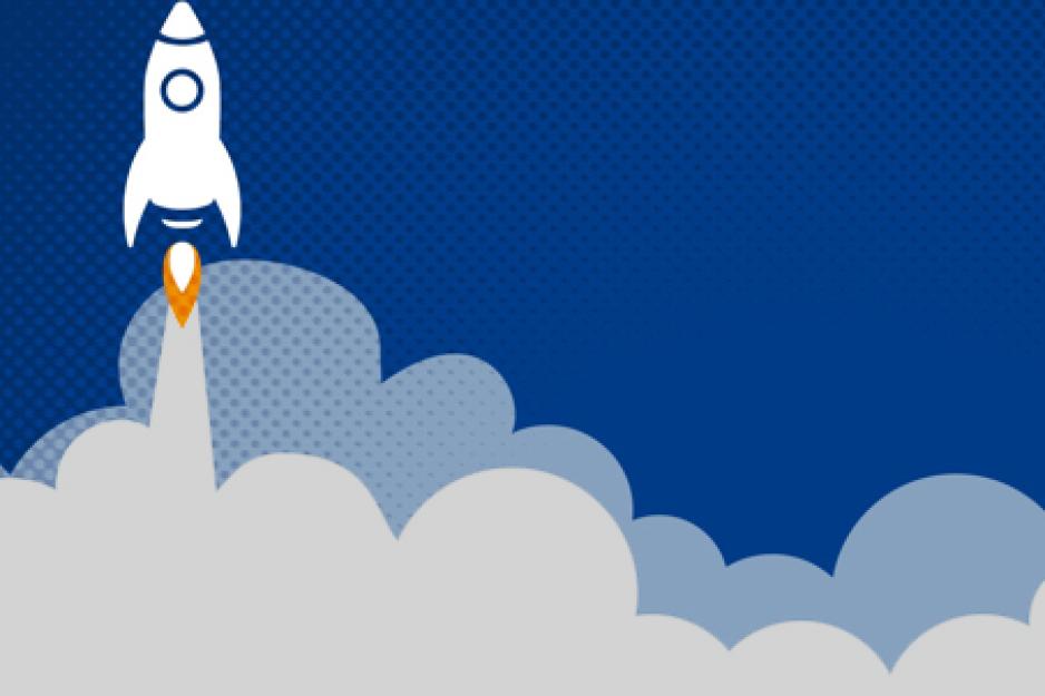 Illustration of a rocket going up in the sky with cloud of smoke below it