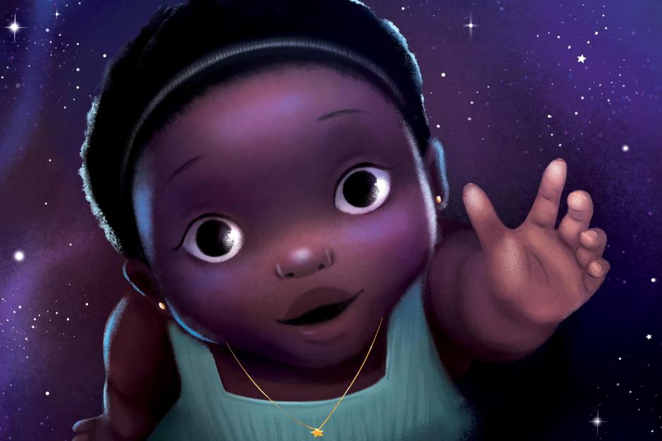 Sulwe in the book reaching up out of the book with a night sky behind her
