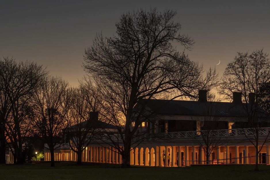 The lawn at dusk with lights lighting up the walkway