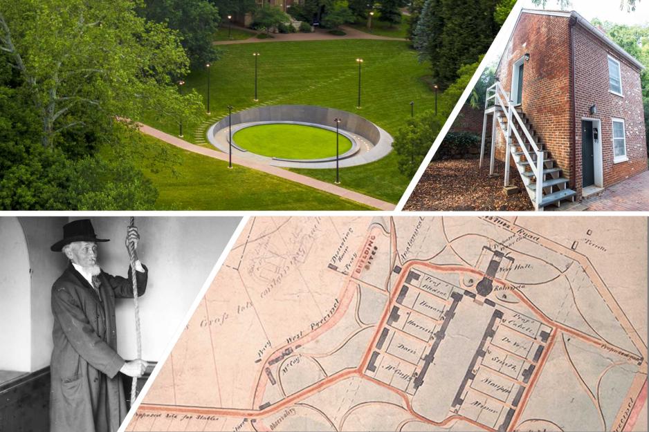 Top left: memorial of enslaved laborers, top right: the Crackerbox building,  bottom left: bell-ringer Henry Martin and bottom right: architectural drawings of grounds