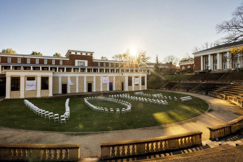 White chairs in the amphitheater spelling VOTE