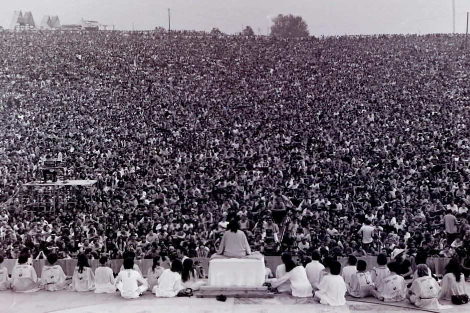 Black and white image of swami at Woodstock
