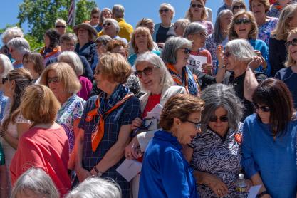 Female graduates of the Class of ’74 together on the Rotunda steps for their 50th reunion