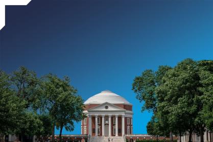 A photo of the Rotunda from the Lawn side in summer overlaying a gradient blue blackground
