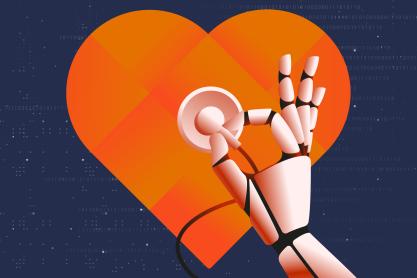 An illustration of a robotic hand using a stethoscope on an orange heart symbol.