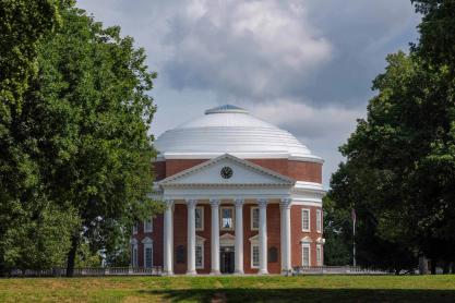 The UVA Rotunda and Lawn on an overcast day during afternoon