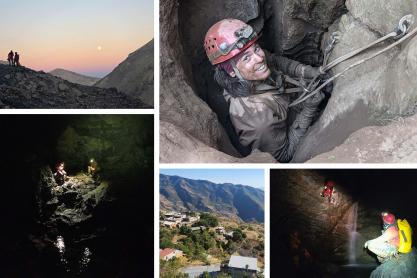 a collage of photos of Aidan Ward spelunking all over the United States