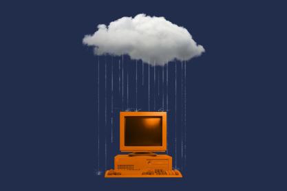 illustration of an orange desktop computer under a rain cloud over a blue background 