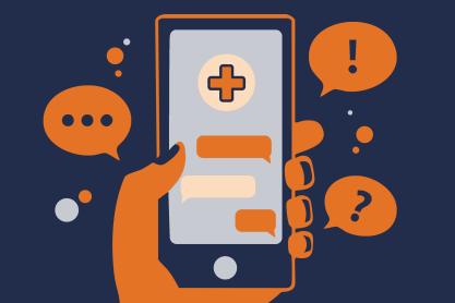 illustration of a hand holding a phone displaying medical-related messages and confused punctuation