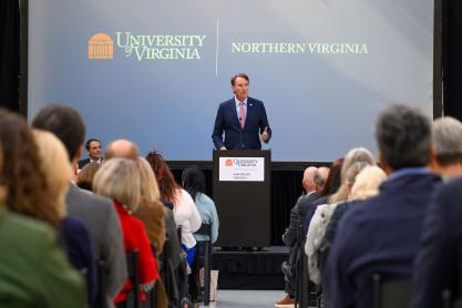 Candid Portrait of Virginia Gov. Glenn Youngkin speaking to a crowd.