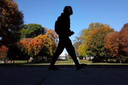 Student passes between fall foliage and frames the Rotunda with their silhouette as they walk by