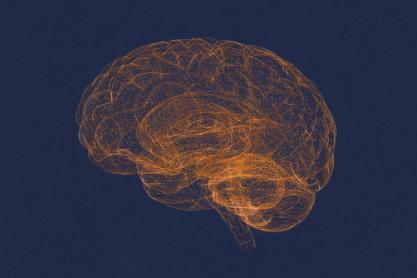 Illustration of a human brain made with orange neural network lines on a dark blue background