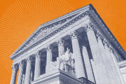Illustration of a courthouse with columns and a statue, in blue on an orange background.