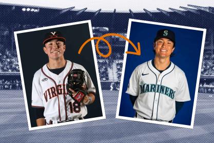 an illustration of Justin Novak's baseball player photos. The left is in a UVA baseball uniform, and the right is in a Seattle Mariners uniform