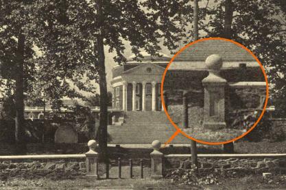 A portrait of the very old Rotunda, with a shot facing a pillar highlighted by a red circle to draw focus.