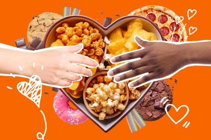 Portrait illustration of two hands reaching for snacks from a heart-shaped container, surrounded by cookies, pizza, and donuts.