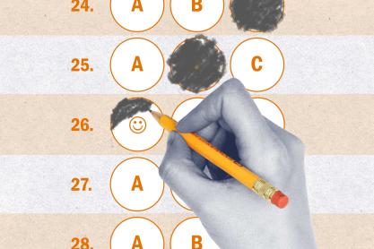 illustration of a hand holding a pencil filling in a bubble sheet during a test.