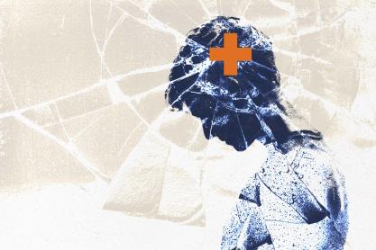 Stylized illustration of a person’s head with a cracked overlay and medical cross, representing brain injury.