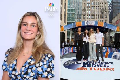 portrait of Lily Jones, left, and Lily Jones with other Today Show interns on the stage of the Citi Concert Series