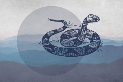 Drawing of a copperhead snake on an abstract background of mountains and a circle