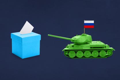 Ballot Box on the left with a ballot sticking out of the top and a Russian T-72 Tank facing the ballot box with a Russian flag coming out of the Commanders Hatch