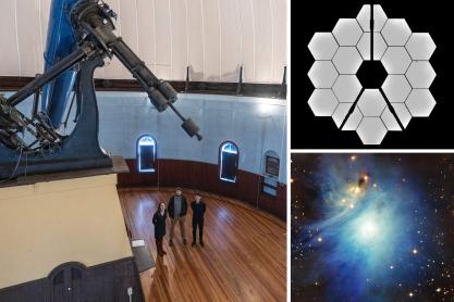 Three graduate students standing inside UVA's McCormick Observatory, a self-portrait of the James Webb Space Telescope, an astro-photograph of a dusty blue cloud