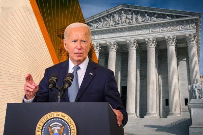 Joe Biden collaged over an image of the Supreme Court