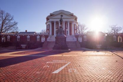 The Jefferson Statue in front of the Rotunda on a sunny afternoon on the Grounds of the University of Virginia