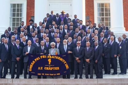 A large group photo of all the UVA Omega Psi Phi current members and alumni that attended the 50th anniversary