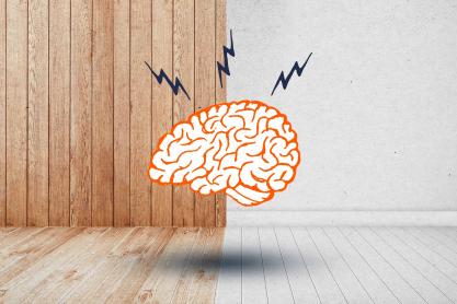 A illustration of a brain with lightning bolts above it with a background of equal parts wood and drywall