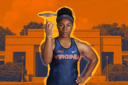 Ashley Anumba spinning a discus on her finger in front of the law building at UVA