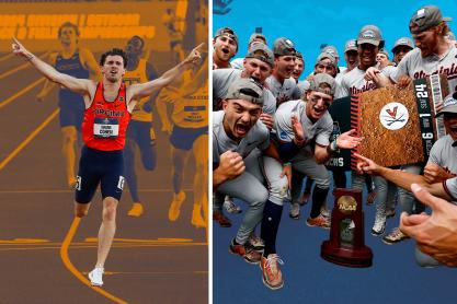 National 800-meter track champion Shane Cohen, left, and the UVA baseball team after winning the 2024 Super Regionals, right