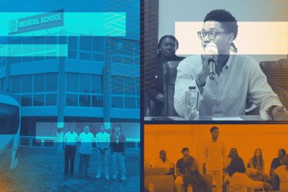 illustration collage of Phillip Bonsu holding talks and standing outside the University of Ghana Medical School