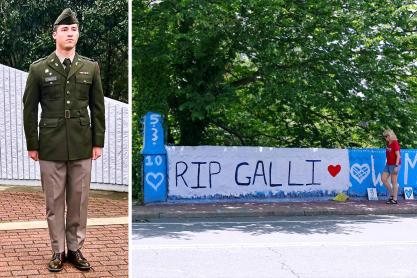 On the left, Zachary Galli stands at attention and on the right, a painting dedicated to Galli on Beta Bridge