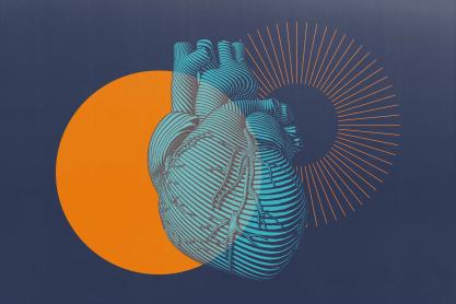Graphic of a heart on an orange circle and blue background