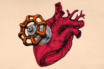 Illustration of a Heart Attached to a Lawn Faucet Wheel Handle.