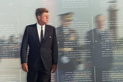 Photo of Kennedy overlayed with documents