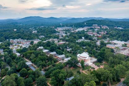 Drone shot of the mountains behind UVA grounds